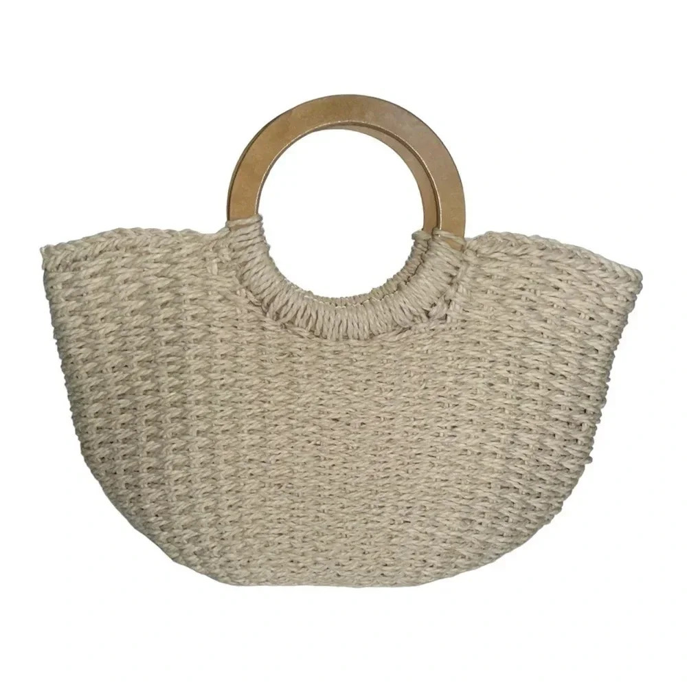 Do Everything In Love Straw Tote Bag OS Beige Wood Handle Woven Boho‎ Summer